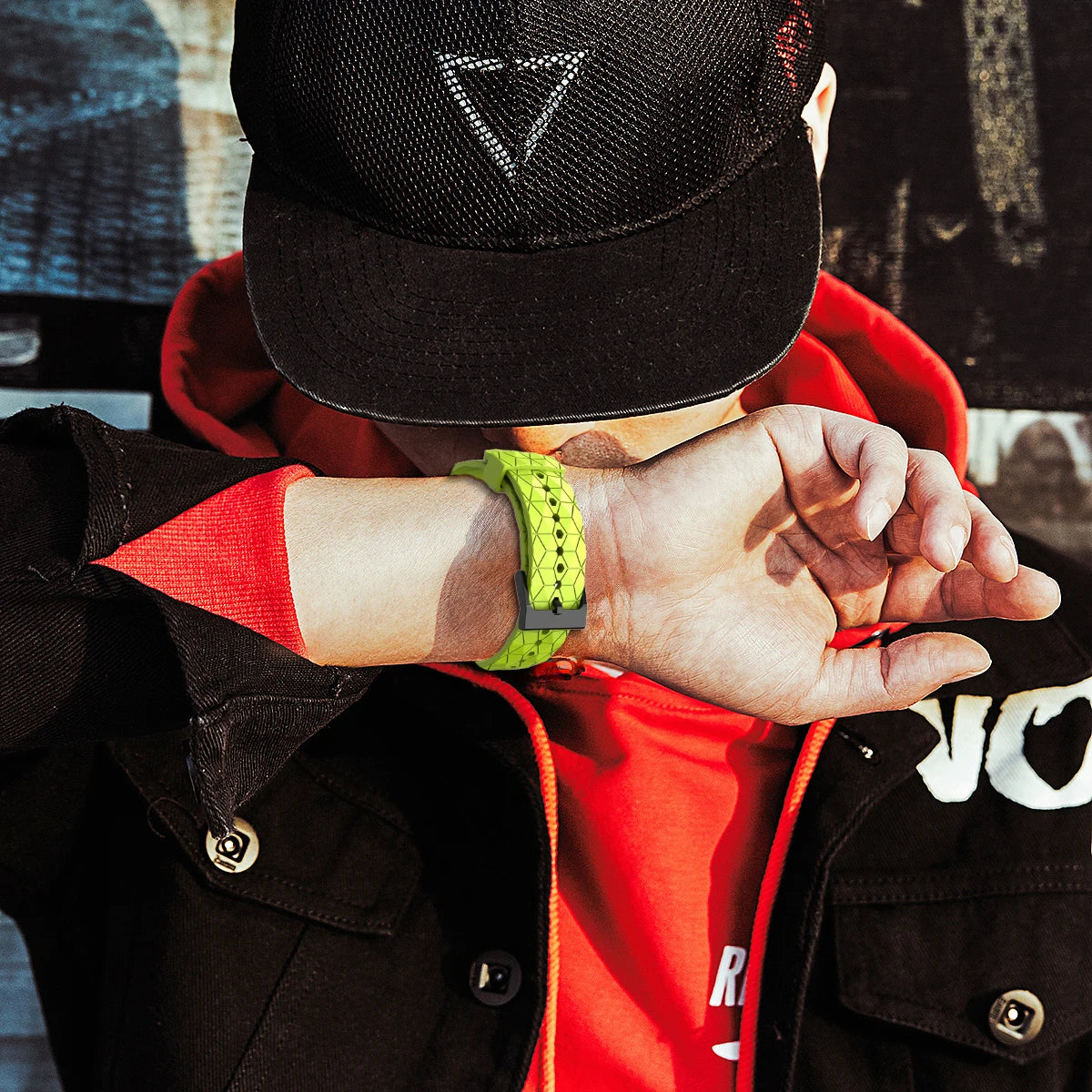 Lime geometric Pixel Watch band worn on wrist