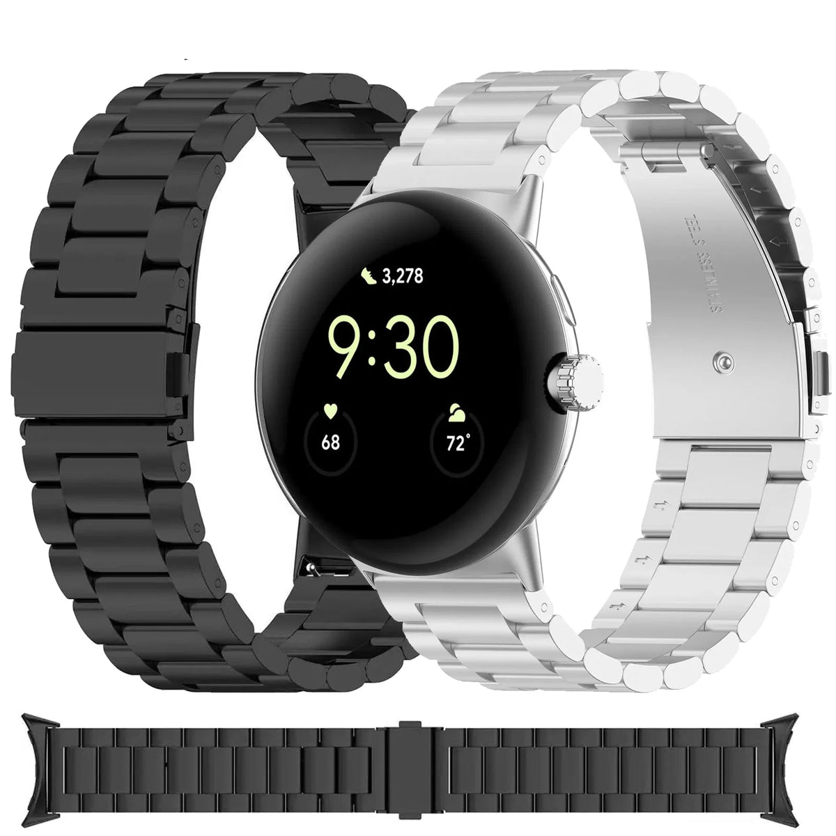 Black and silver steel link Pixel Watch bracelets with strap preview