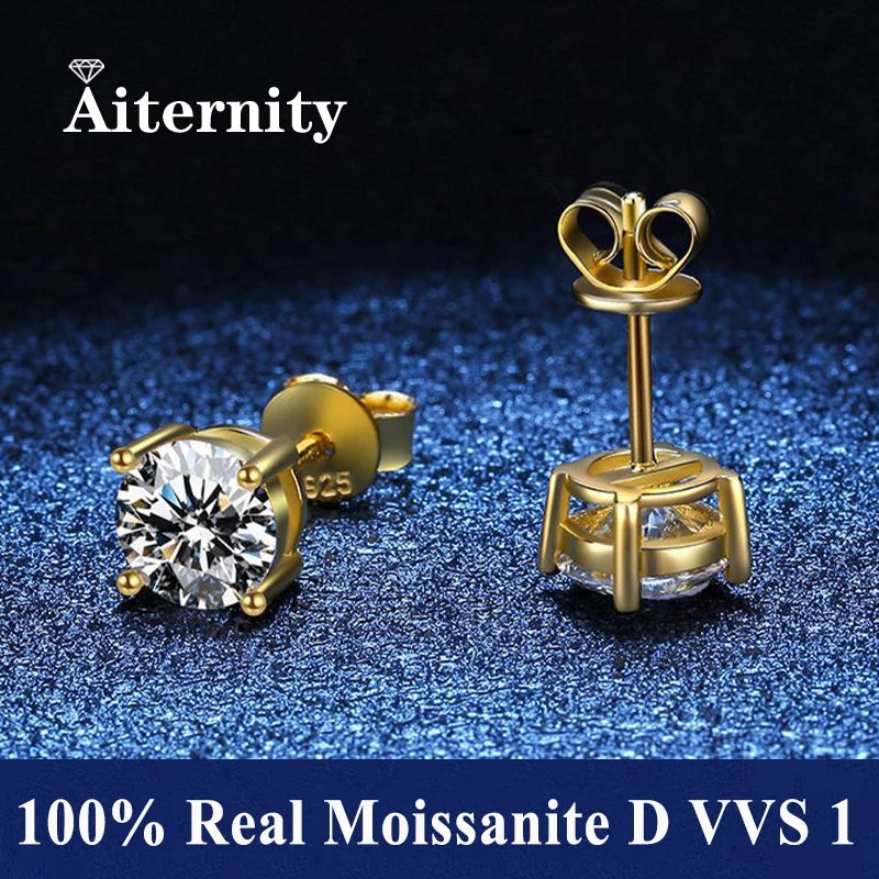 Moissanite Stud Earrings in Solitaire & Halo Silver Settings — Gold-tone four-prong setting