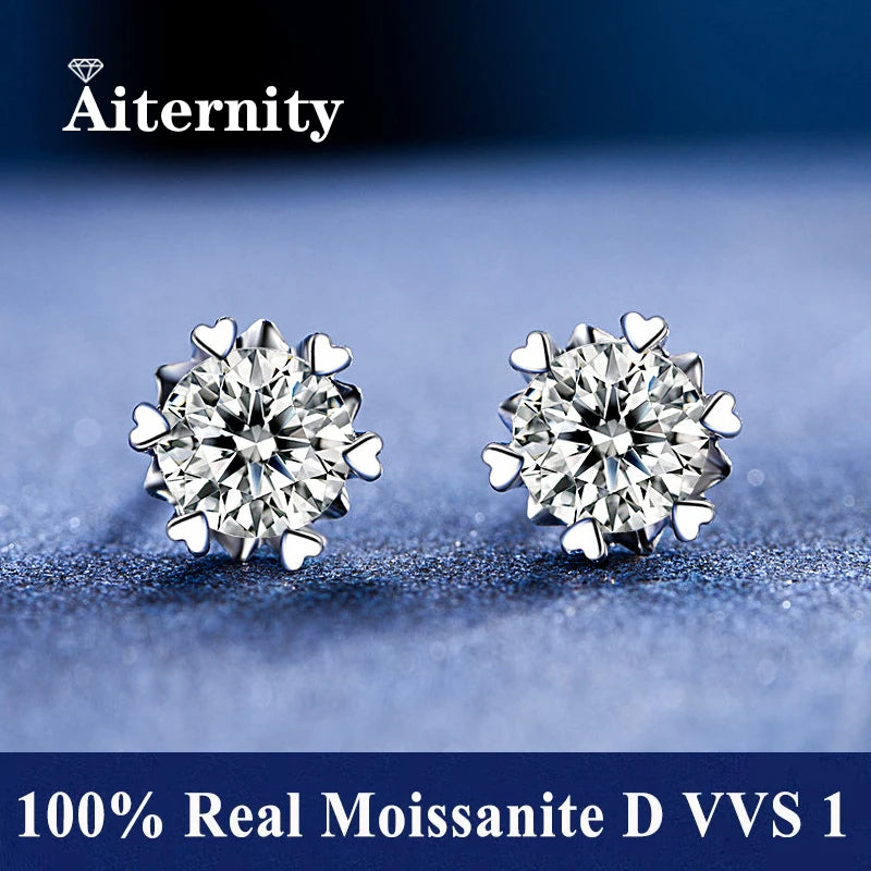 Moissanite Stud Earrings in Solitaire & Halo Silver Settings — Silver snowflake setting