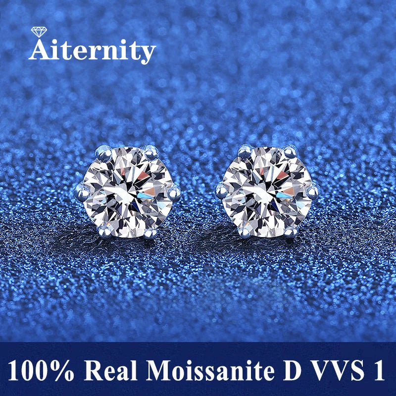 Moissanite Stud Earrings in Solitaire & Halo Silver Settings — Silver six-prong setting