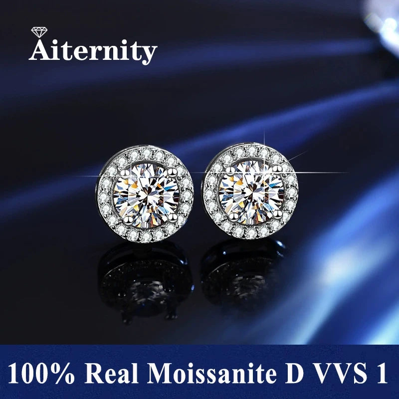 Moissanite Stud Earrings in Solitaire & Halo Silver Settings — Silver round halo
