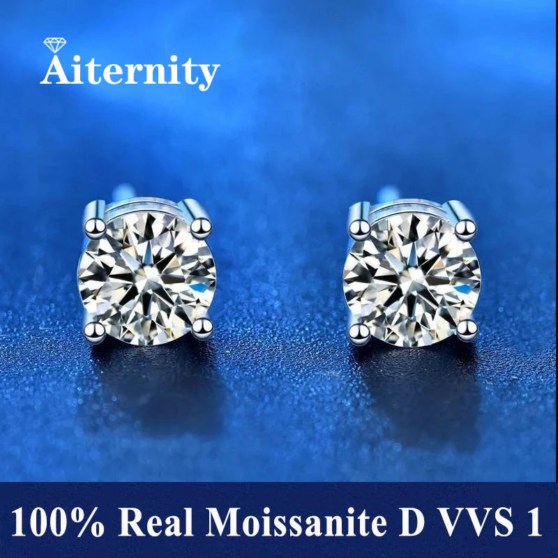 Moissanite Stud Earrings in Solitaire & Halo Silver Settings — Silver four-prong setting