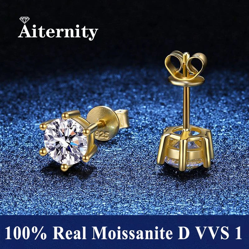 Moissanite Stud Earrings in Solitaire & Halo Silver Settings — Gold-tone six-prong setting