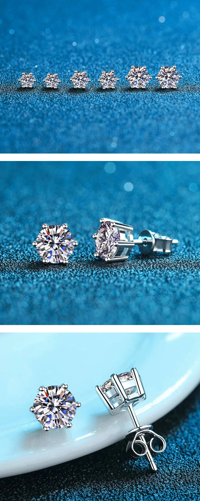 Moissanite Stud Earrings in Solitaire & Halo Silver Settings — Size and setting comparison