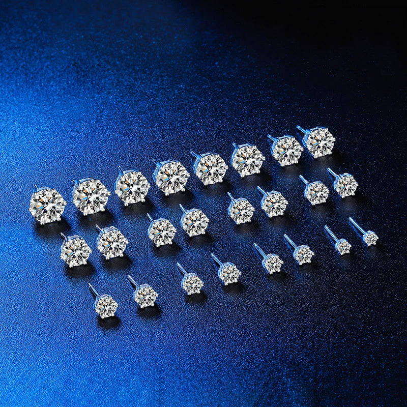 Moissanite Stud Earrings in Solitaire & Halo Silver Settings — Design and size selection