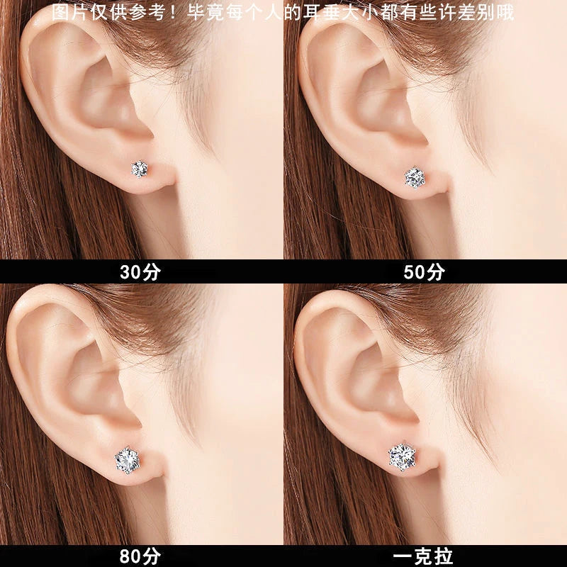 Moissanite Stud Earrings in Solitaire & Halo Silver Settings — Sizes shown on ear
