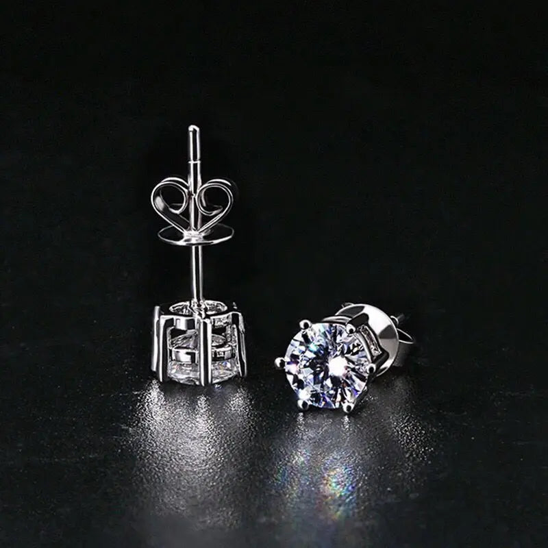 Moissanite Stud Earrings in Solitaire & Halo Silver Settings — Basket and butterfly back