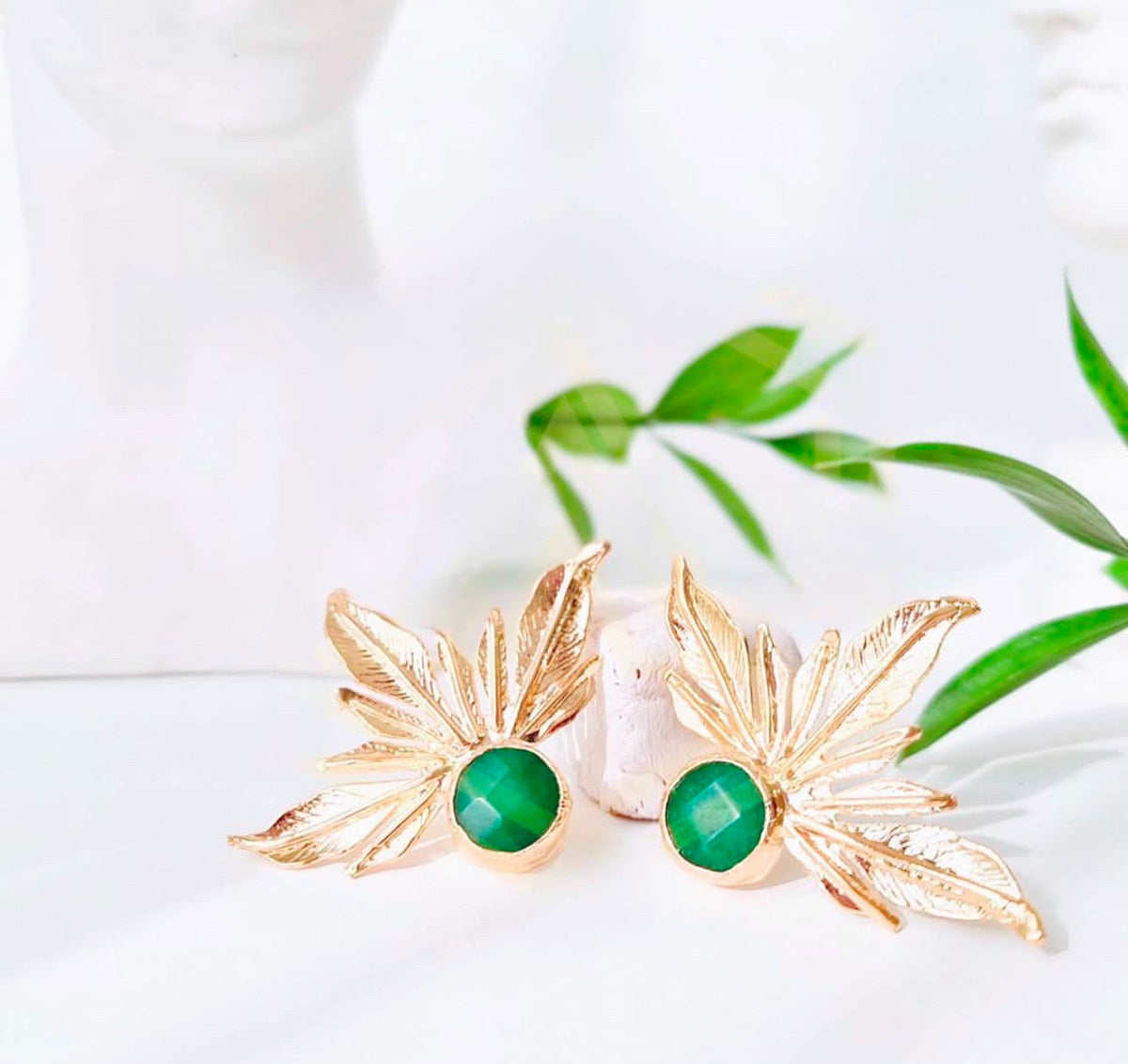 Green Quartz Gold Plated Leaf Drop Earrings For Women — red