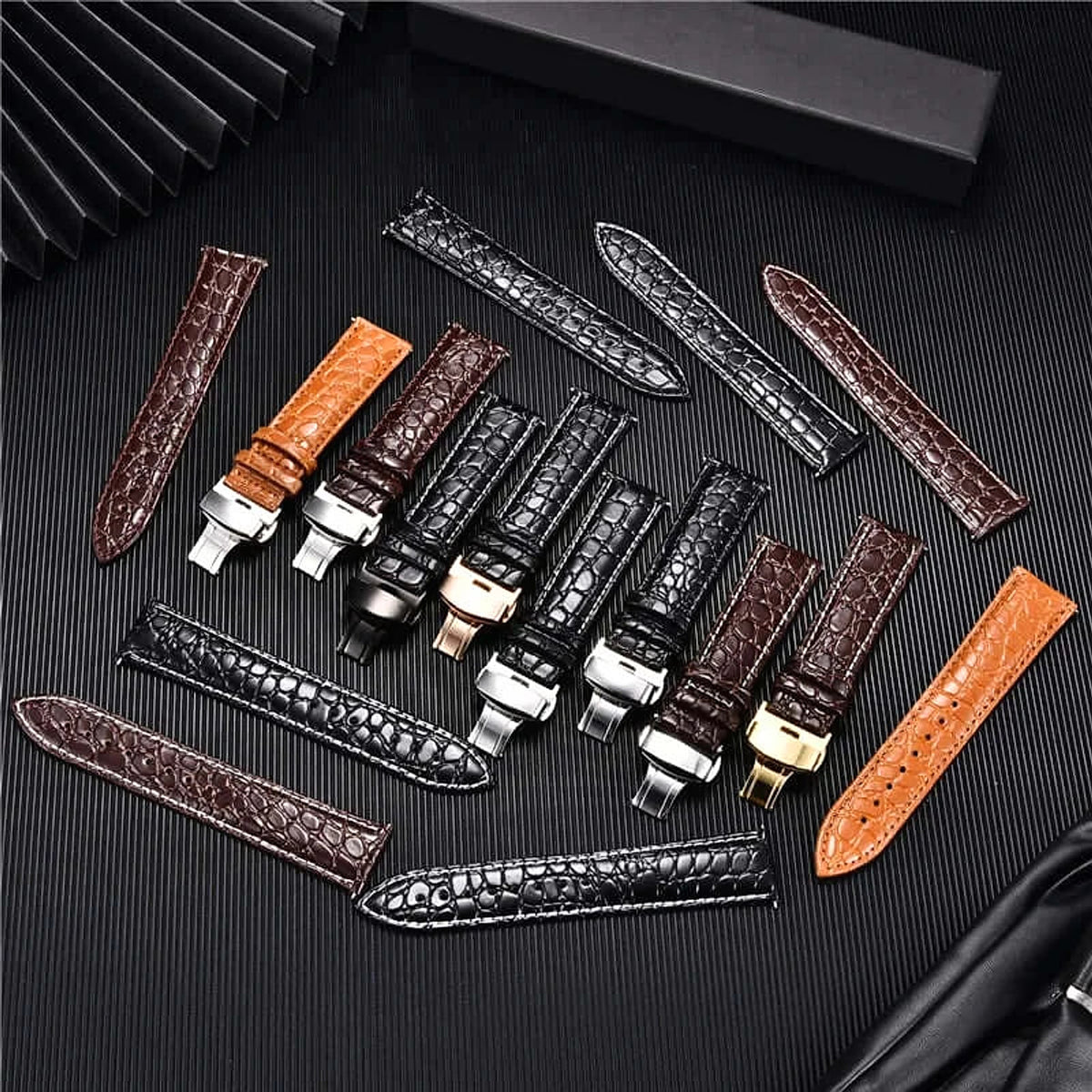 Crocodile-pattern leather bands in several clasp finishes for compatible Huawei watches