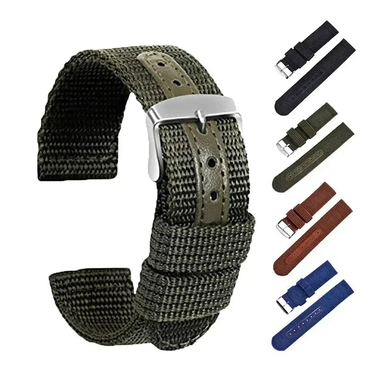 Army-green nylon band with color preview strips for compatible Huawei watches