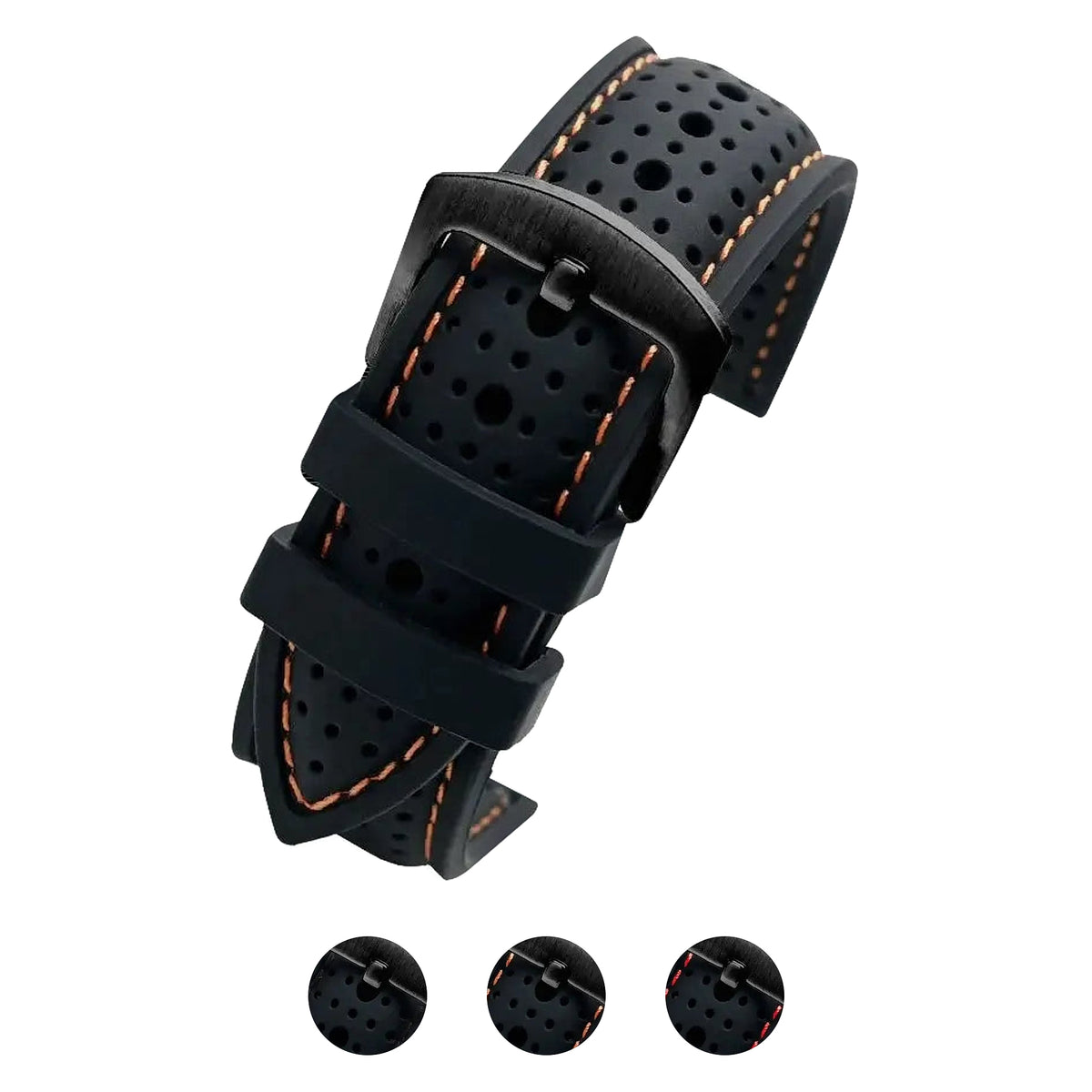 Perforated silicone band with orange stitching and black, orange and red stitch previews for compatible Huawei watches