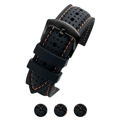 Perforated silicone band with orange stitching and black, orange and red stitch previews for compatible Huawei watches