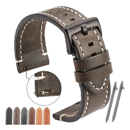 Contrast-stitched leather band with square holes and six color previews for compatible Huawei watches