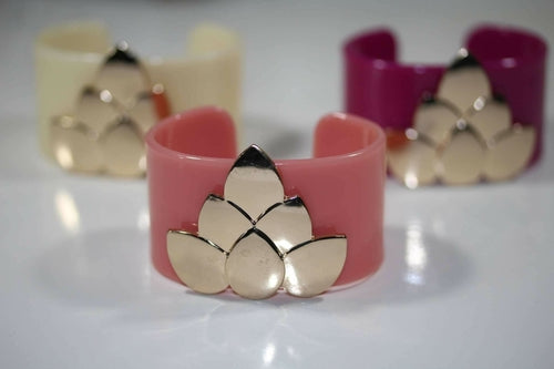 Lotus Flower Cuff Bracelet Wide Resin With Gold Accent