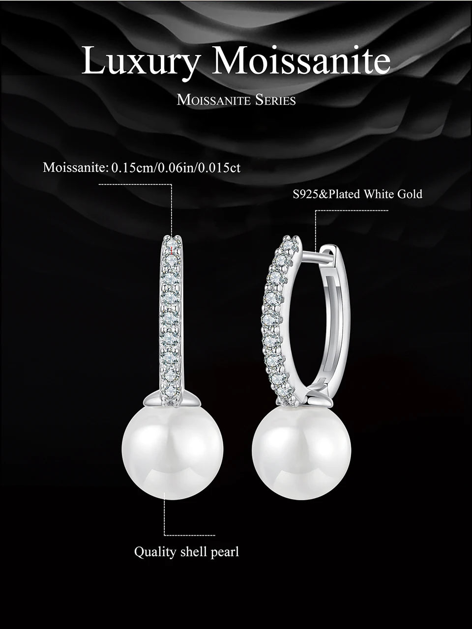 Moissanite Shell Pearl Drop Hoop Earrings in Sterling Silver — Shell pearl and metal details — BandsCo Straps