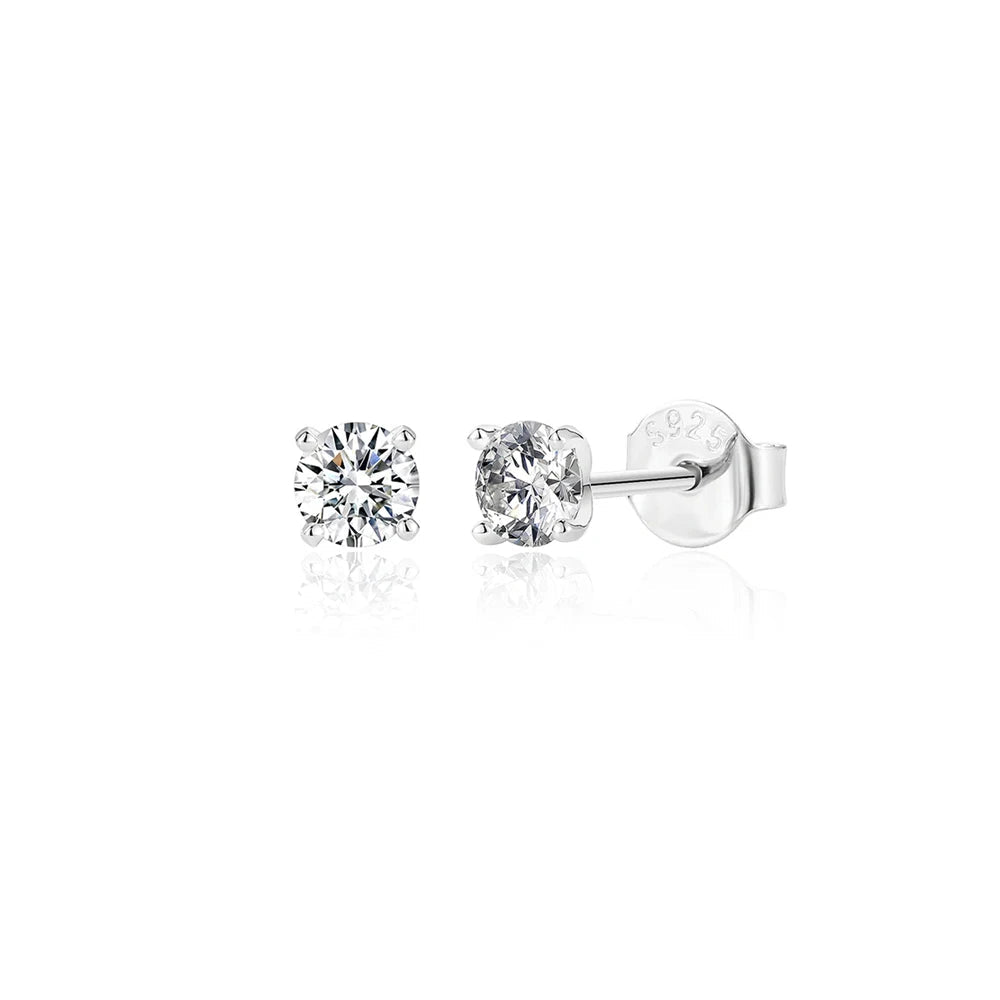 Round Moissanite Solitaire Stud Earrings in Sterling Silver - small silver front and side views