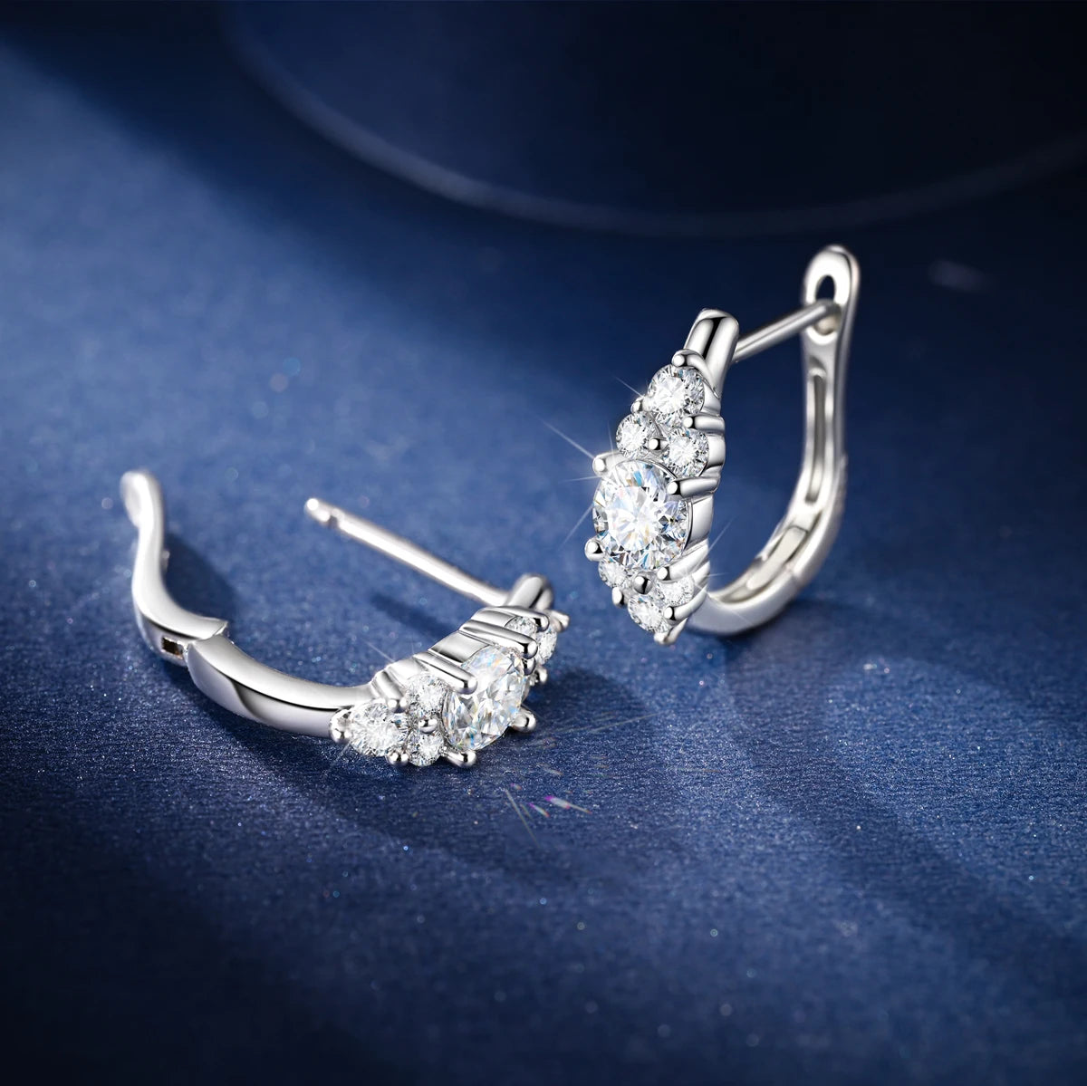 Moissanite Graduated Cluster Hoop Earrings in Sterling Silver — Cluster hoop front and open hinge — BandsCo Straps