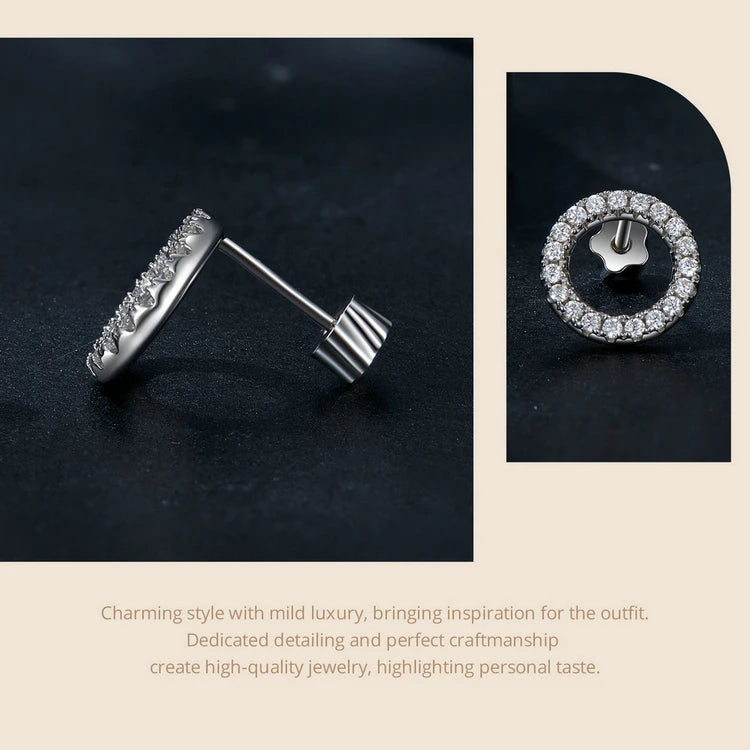 Open Circle Moissanite Stud Earrings in Sterling Silver — Stone-set rim and posts