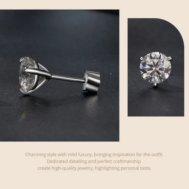 Three-Prong Moissanite Push-Back Stud Earrings in Silver — Three-prong setting detail