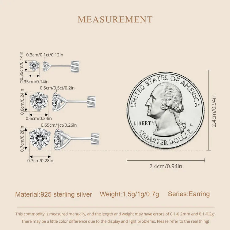 Three-Prong Moissanite Push-Back Stud Earrings in Silver — Size guide and coin comparison