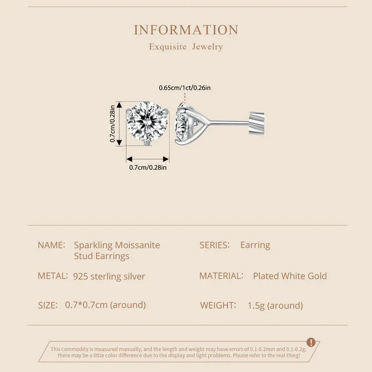 Three-Prong Moissanite Push-Back Stud Earrings in Silver — Stud dimensions
