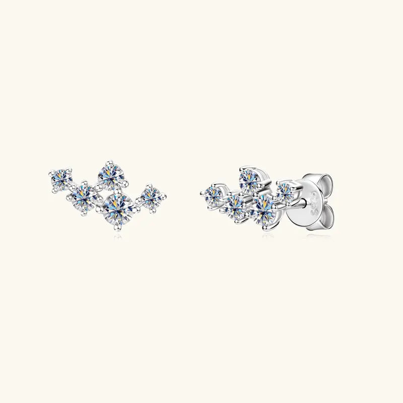 Six-Stone Fan Moissanite Stud Earrings in Sterling Silver - Silver pair angled view