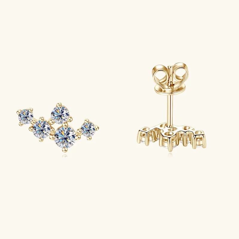 Six-Stone Fan Moissanite Stud Earrings in Sterling Silver - Gold-tone front and rear