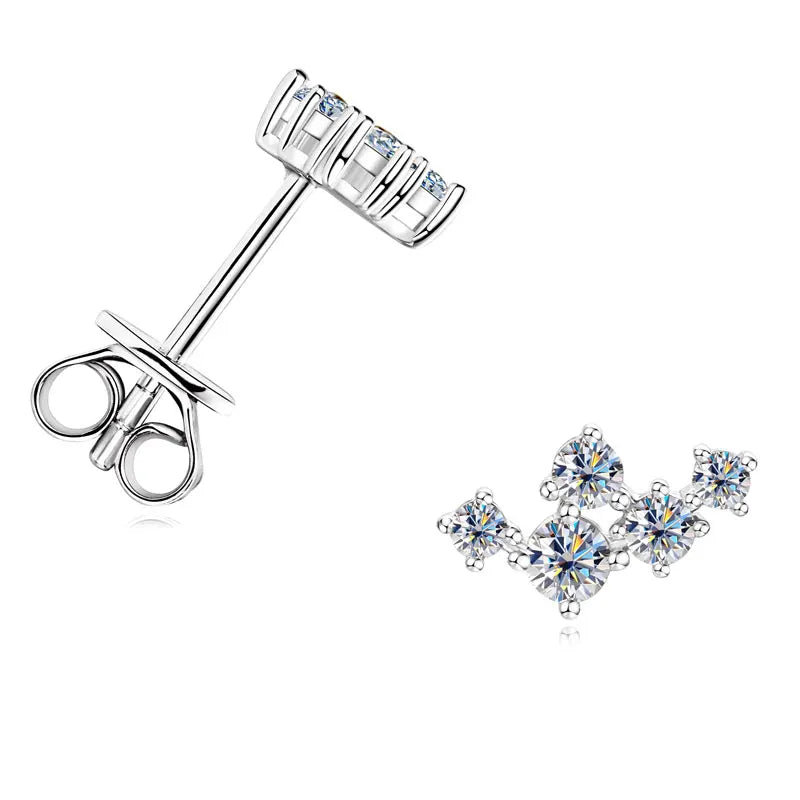 Six-Stone Fan Moissanite Stud Earrings in Sterling Silver - Silver fan front and side