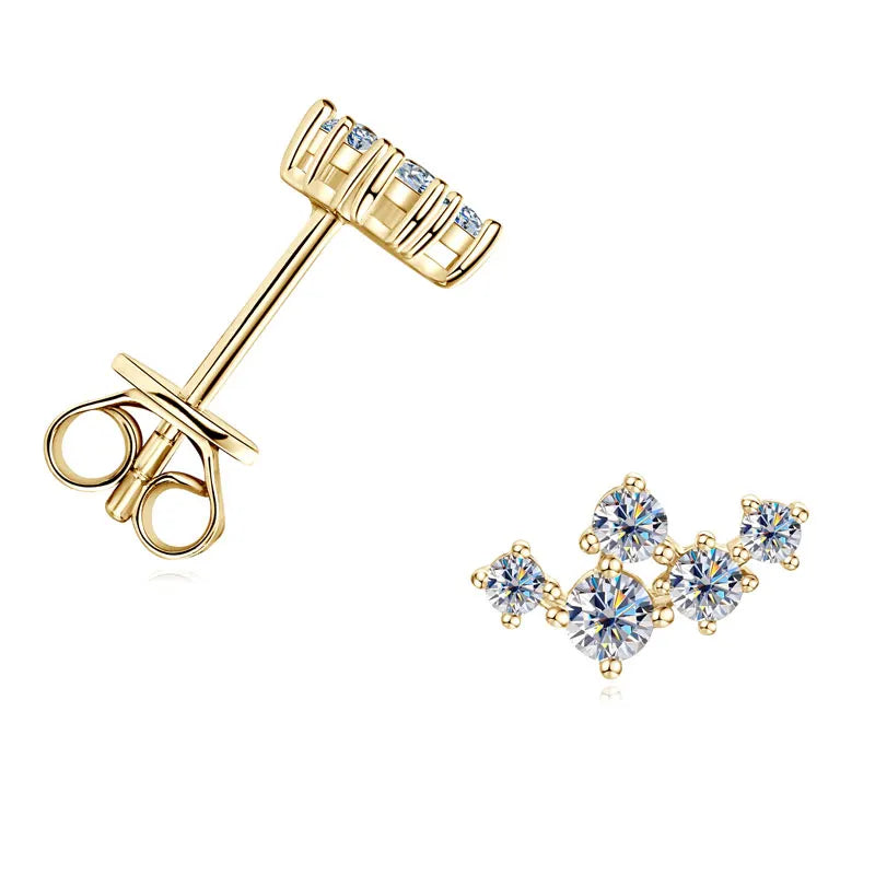 Six-Stone Fan Moissanite Stud Earrings in Sterling Silver - Gold-tone fan front and side