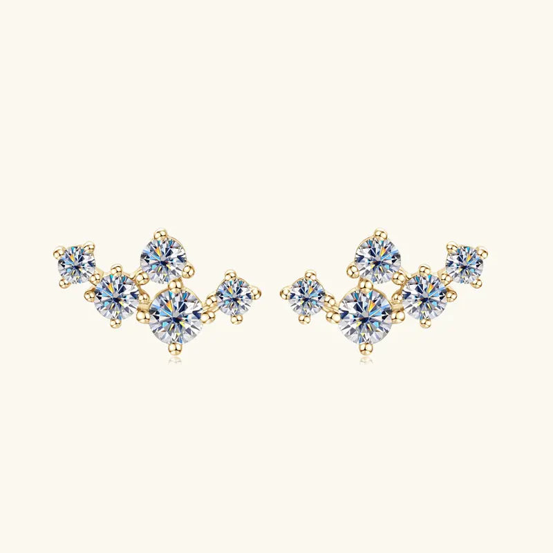 Six-Stone Fan Moissanite Stud Earrings in Sterling Silver - Gold-tone fan pair