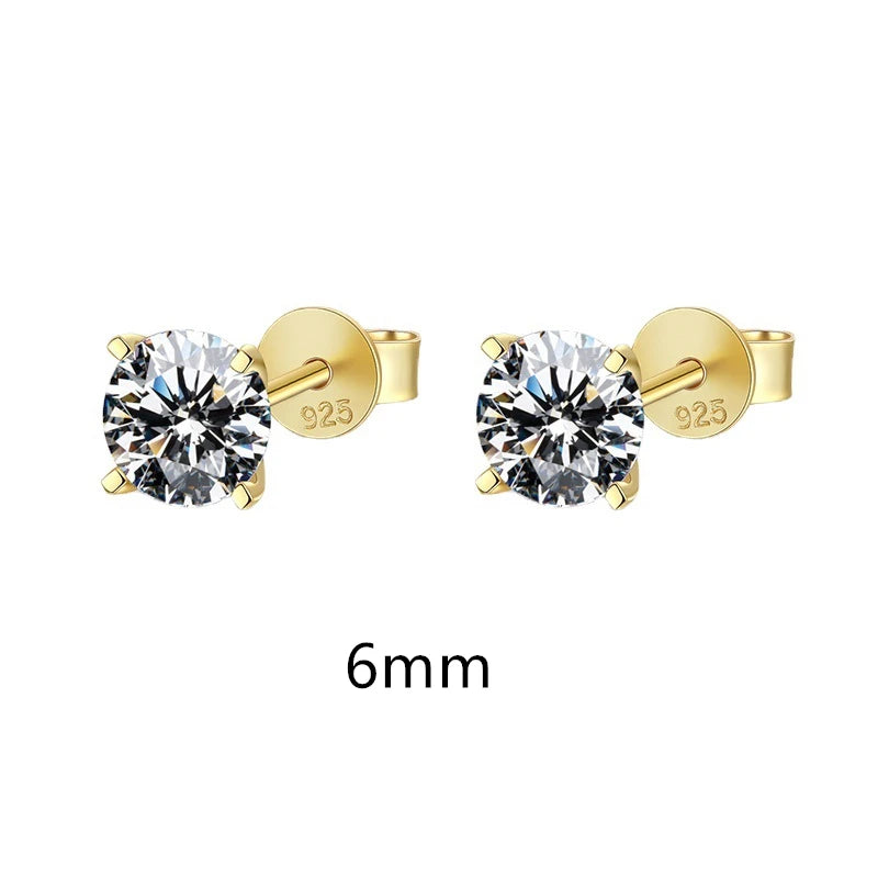 Gold-Tone Moissanite Solitaire Stud Earrings in Silver - Photo labeled 6 mm