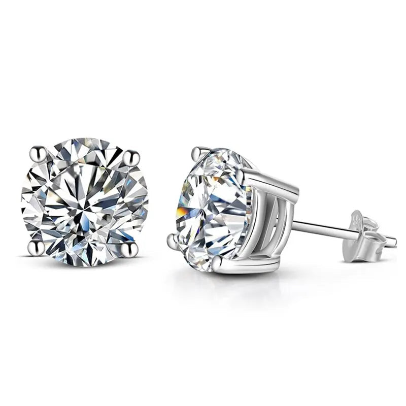Round Four-Prong Moissanite Stud Earrings in Sterling Silver — Four-prong front and side