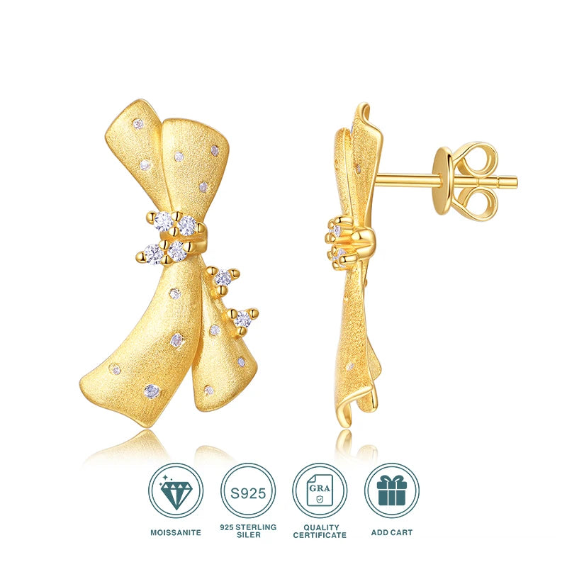 Gold-Plated Moissanite Ribbon Bow Stud Earrings — Bow stud front and back — BandsCo Straps