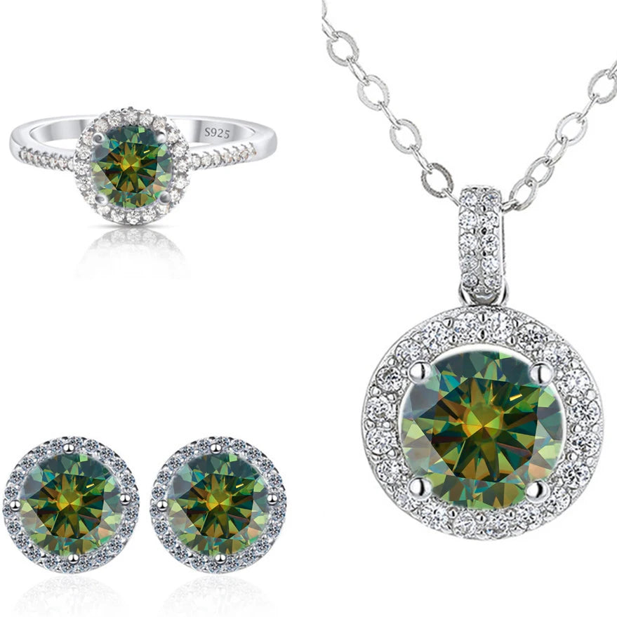 Round Halo Moissanite Necklace, Stud Earrings & Ring Set - Dark green halo set
