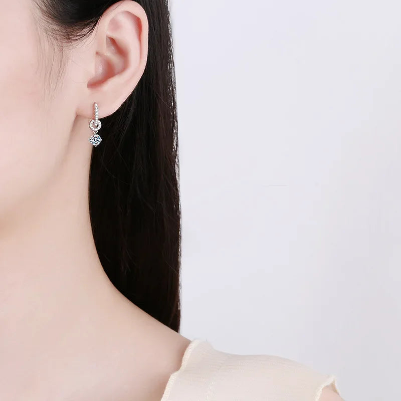 Moissanite Linked Circle Drop Earrings in Sterling Silver — Shown on ear