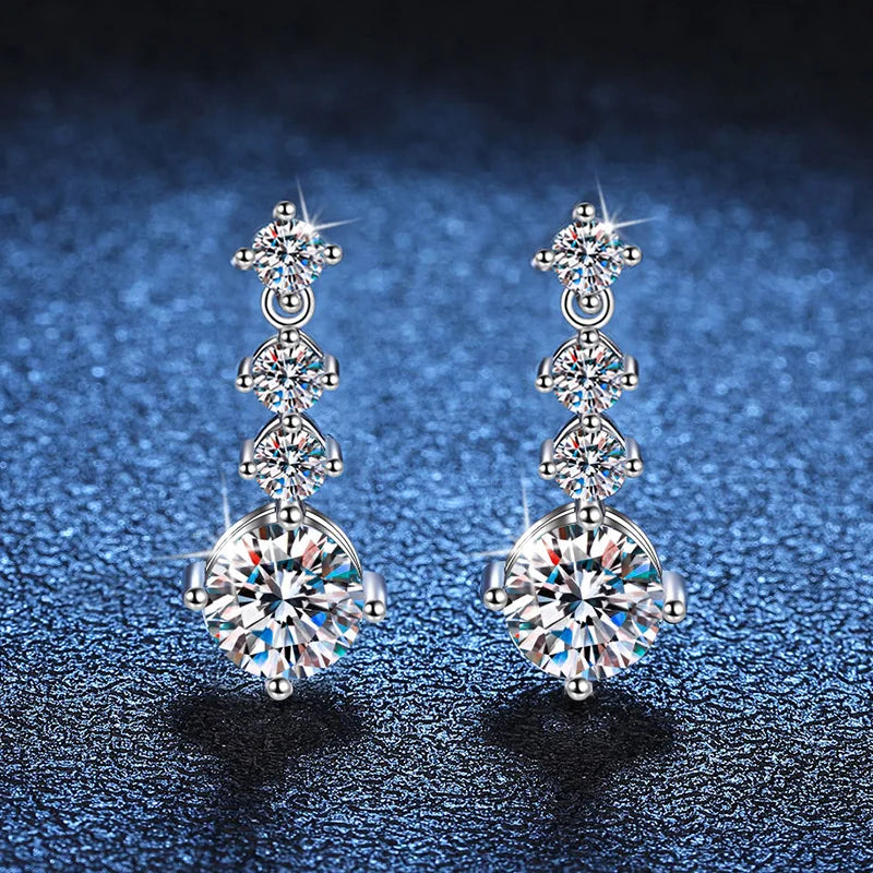 Graduated Moissanite Necklace, Drop Earrings & Ring Set - White four-stone drop earrings