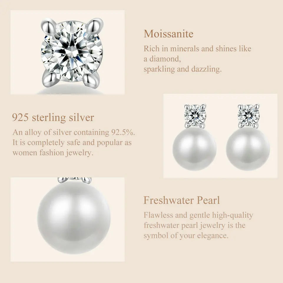 Freshwater Pearl & Moissanite Stud Earrings - pearl, moissanite and silver details