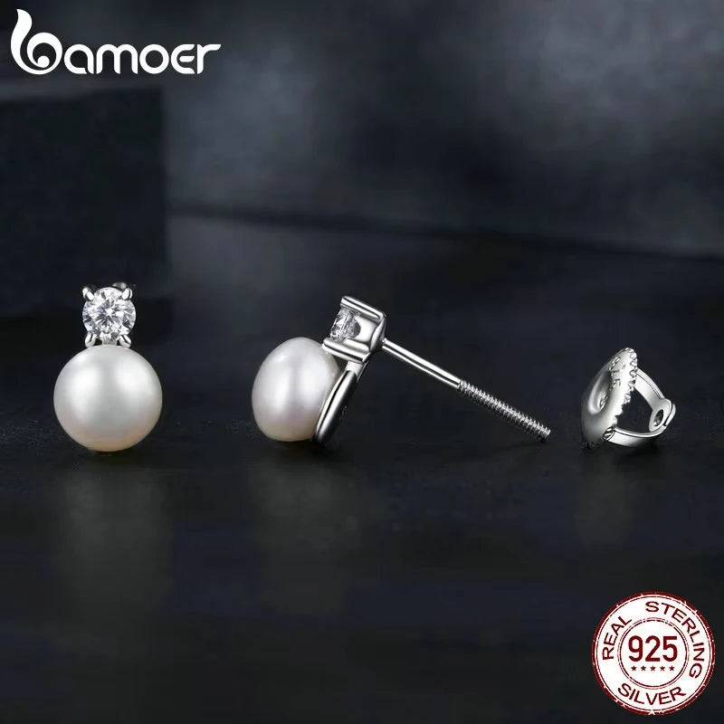 Freshwater Pearl & Moissanite Stud Earrings - small pearl side and back view