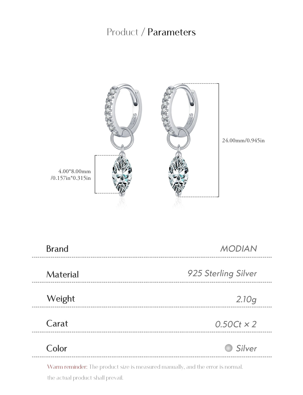 Marquise Moissanite Drop Hoop Earrings in Sterling Silver - Marquise drop dimensions