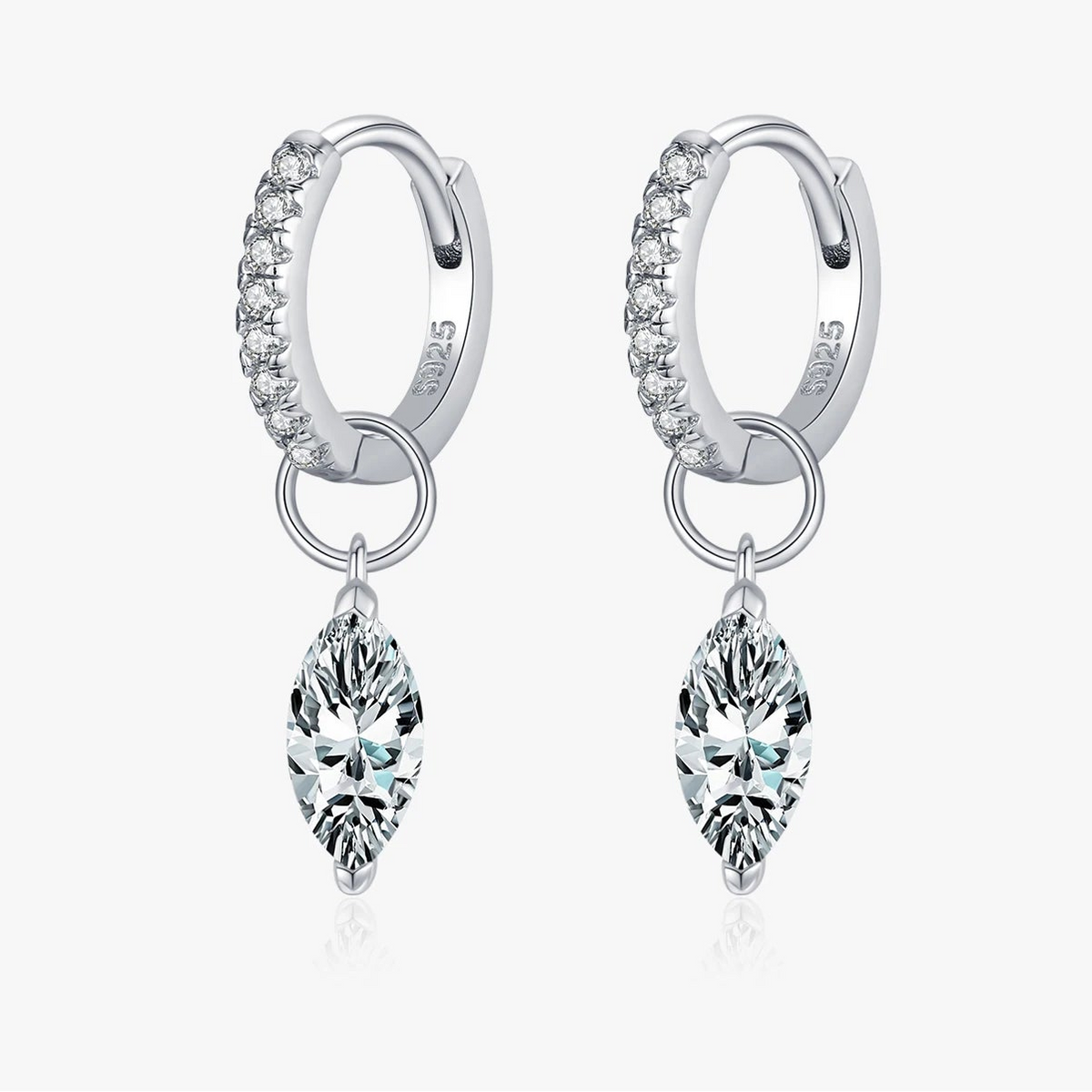 Marquise Moissanite Drop Hoop Earrings in Sterling Silver - Marquise drops on sparkling hoops