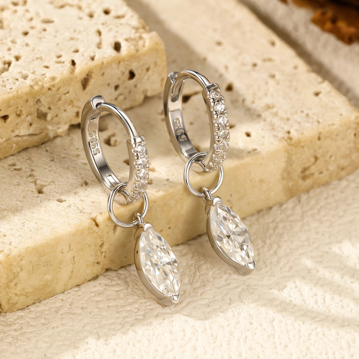 Marquise Moissanite Drop Hoop Earrings in Sterling Silver - Marquise drop angled view