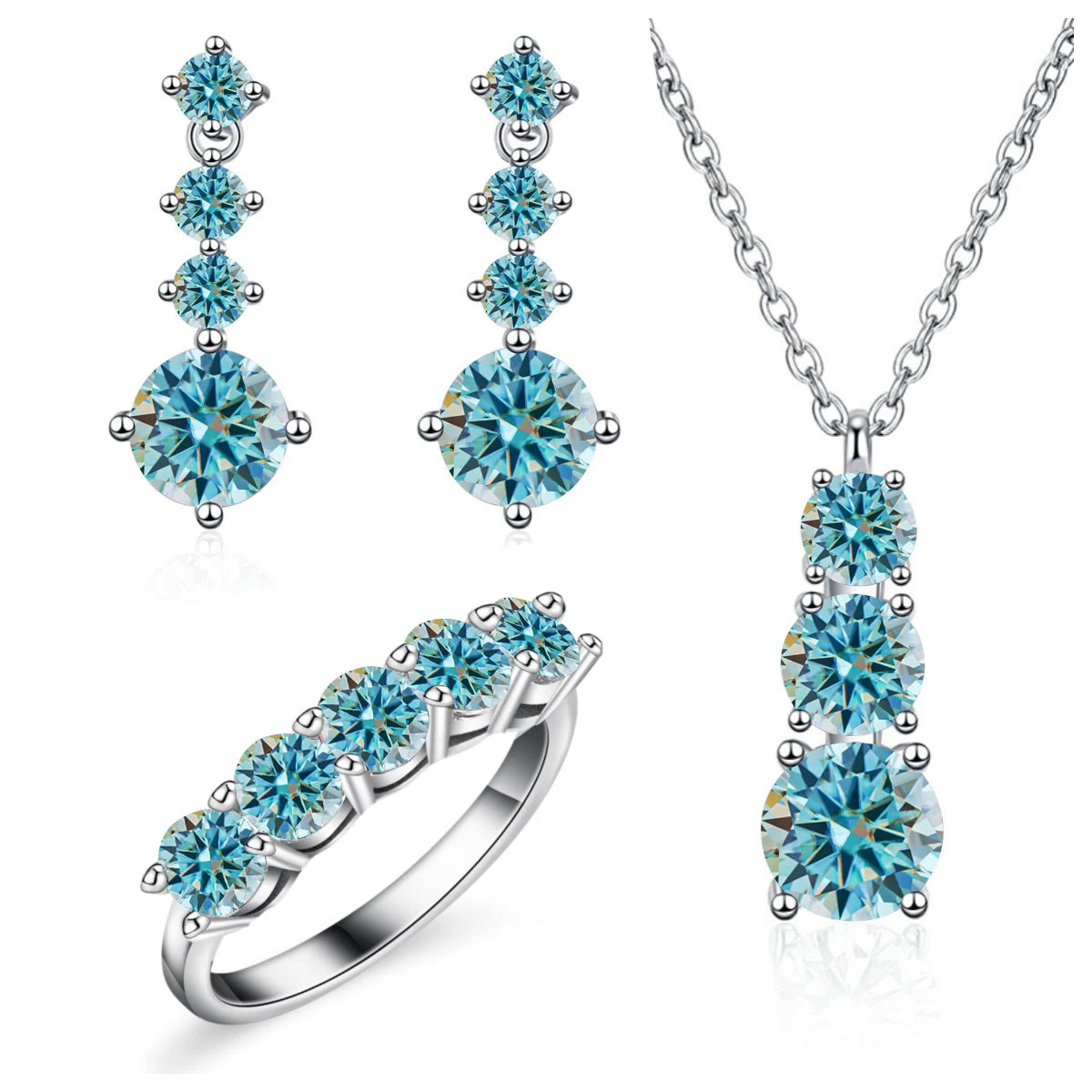 Graduated Moissanite Necklace, Drop Earrings & Ring Set - Light blue set