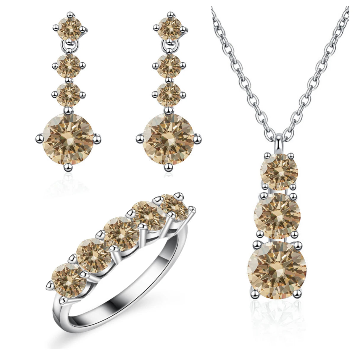 Graduated Moissanite Necklace, Drop Earrings & Ring Set - Light yellow set