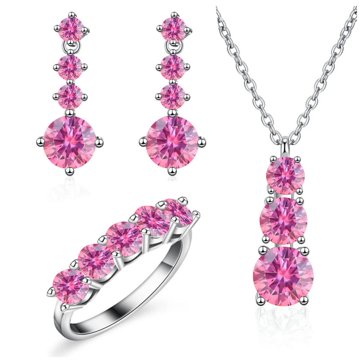 Graduated Moissanite Necklace, Drop Earrings & Ring Set - Pink set