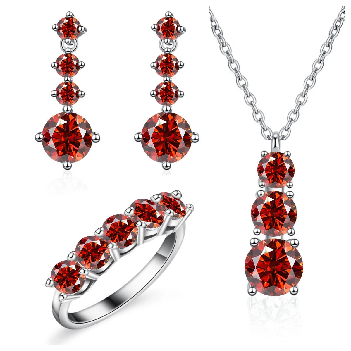 Graduated Moissanite Necklace, Drop Earrings & Ring Set - Red set