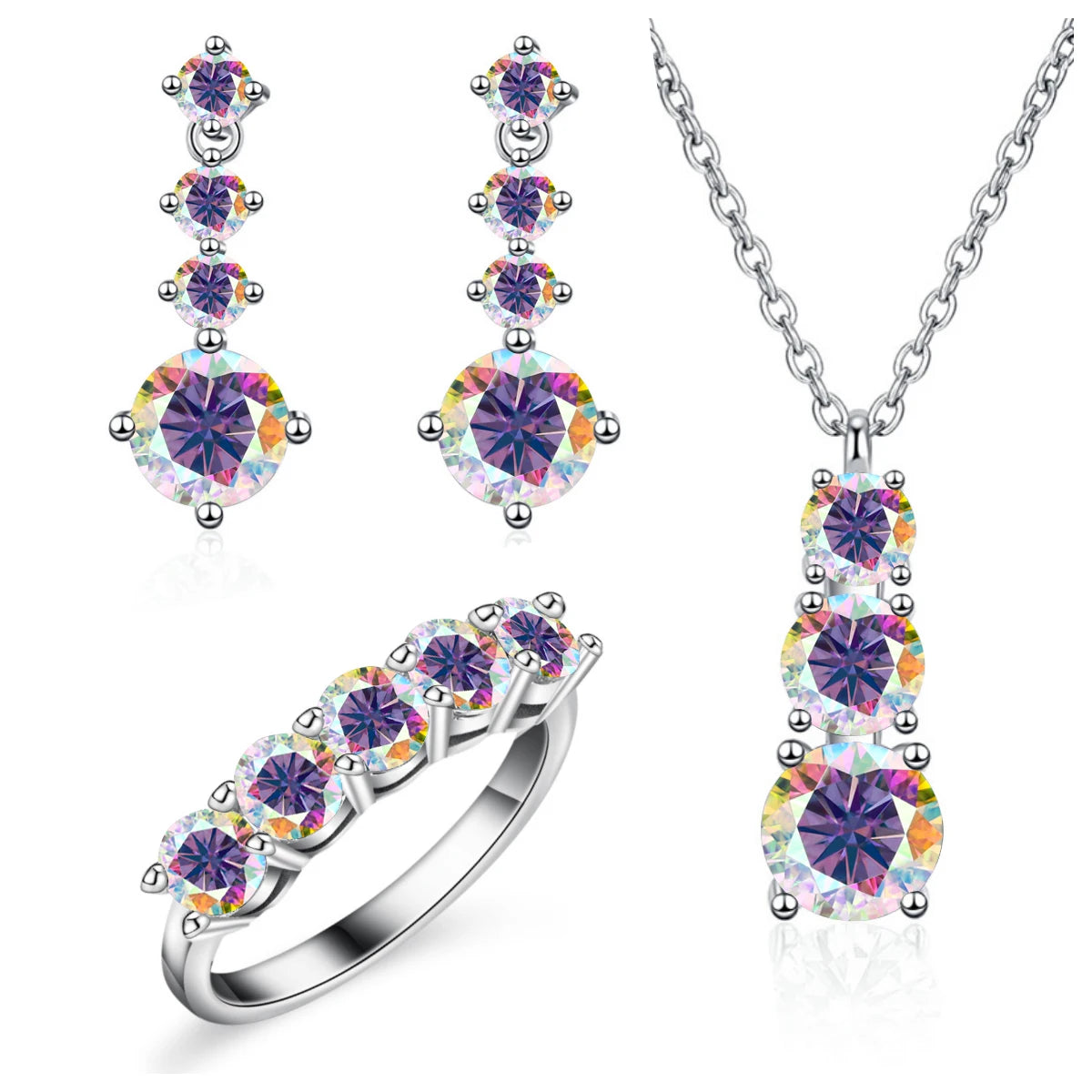 Graduated Moissanite Necklace, Drop Earrings & Ring Set - Multicolor set