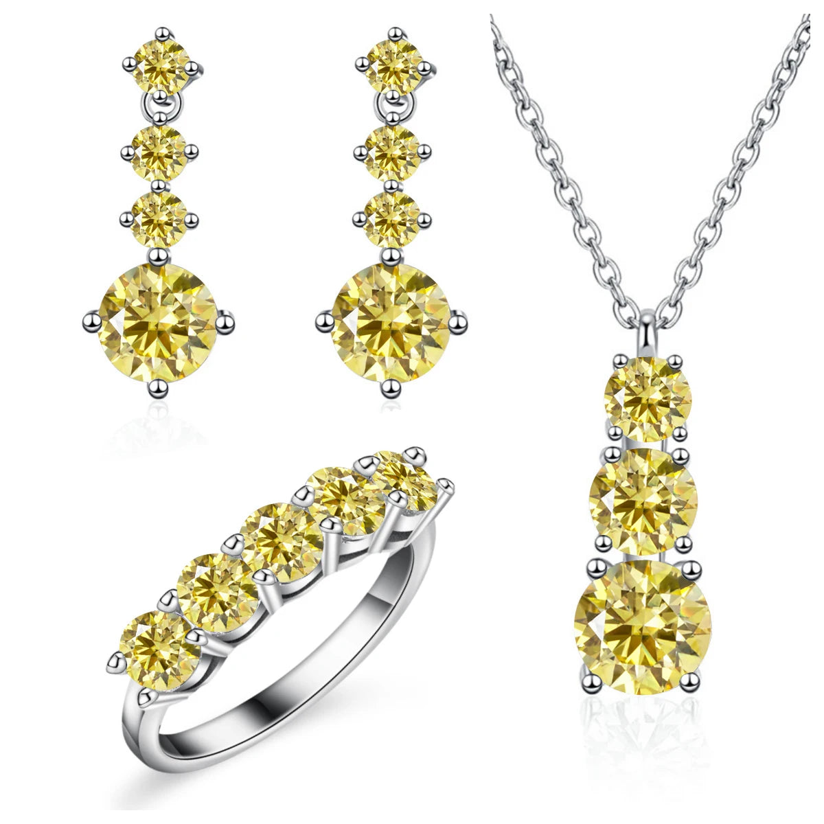 Graduated Moissanite Necklace, Drop Earrings & Ring Set - Lemon yellow set
