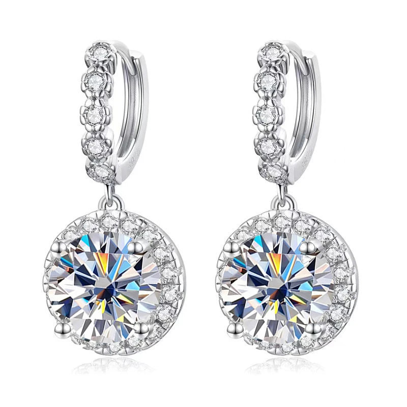 Colored Round Halo Moissanite Hoop Drop Earrings — White
