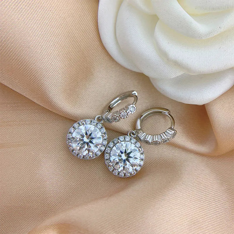 Colored Round Halo Moissanite Hoop Drop Earrings — Pair on fabric